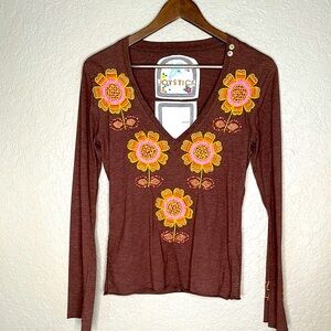 Vintage brown deep v-neck pink orange floral embroidery